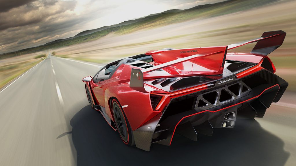 Red Lamborghini Veneno Roadster on Road